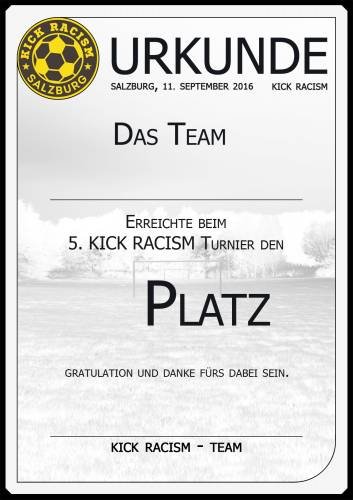 Urkunde 5. Kick Racism Turnier
