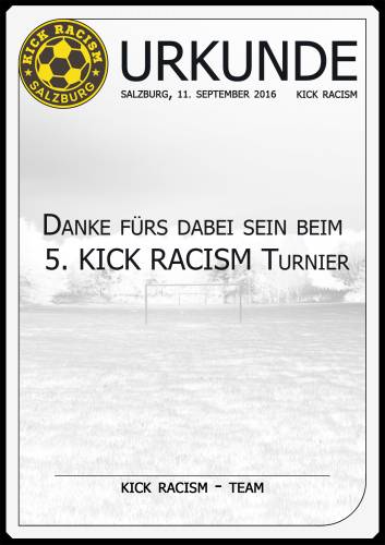 Urkunde 5. Kick Racism Turnier ohne Platz